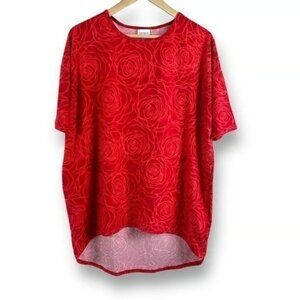 LuLaRoe Women's XS High Low Casual Tee Red Rose Rosette Print Baggy Oversized